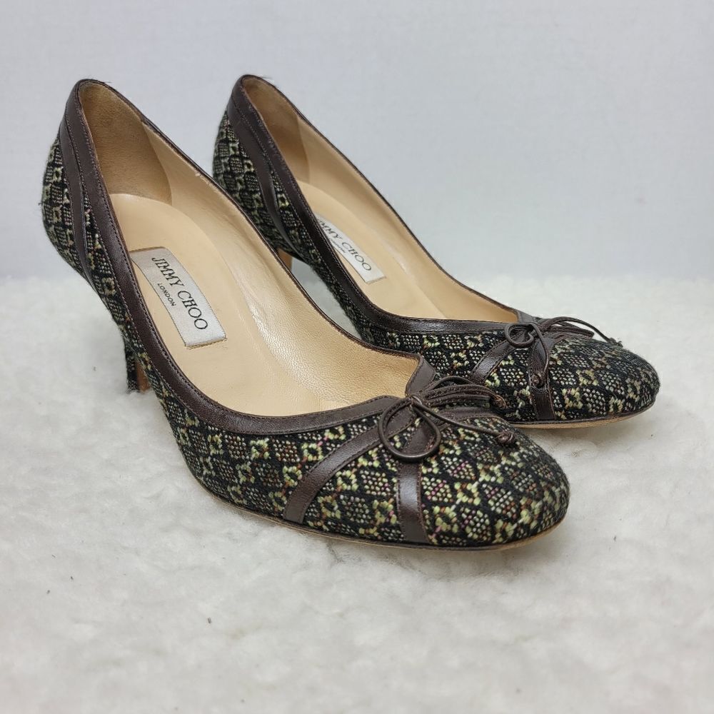 Jimmy Choo Womens Shoes  Size 9 Brown Leather Tweed Bow Pumps Heel